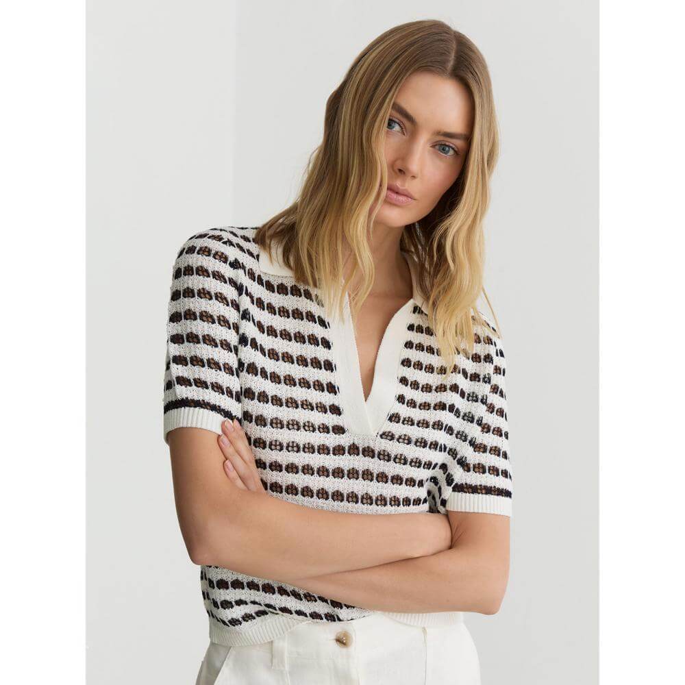 REISS Gemma Open-Knit Patterned Polo Top With Cotton